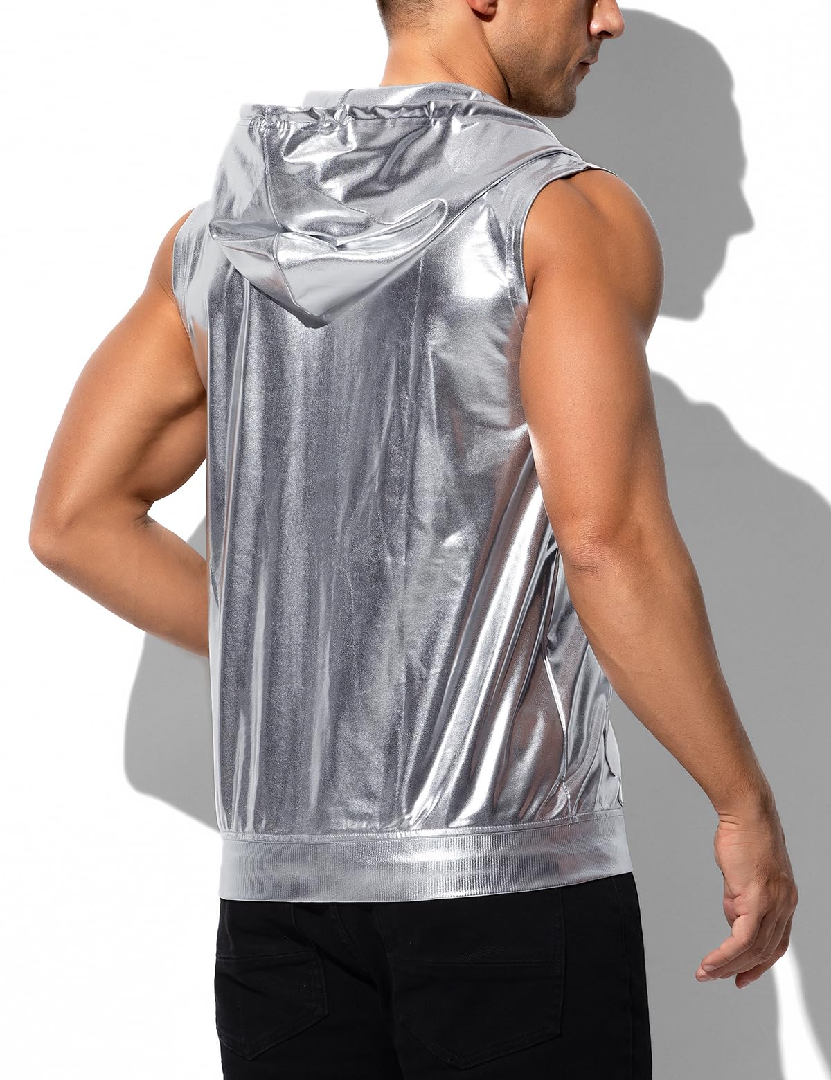 Men's Metallic Hoodie Vest Sequin Zip Up Sleeveless Rave Disco Shiny T-Shirt