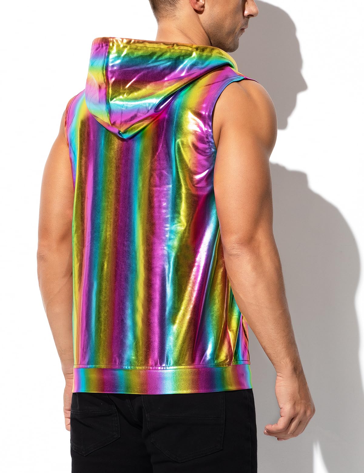 Men's Metallic Hoodie Vest Sequin Zip Up Sleeveless Rave Disco Shiny T-Shirt