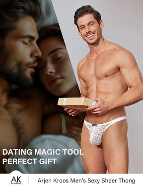 Mens Lingerie Thong Underwear Sexy Low Rise Bikini G-String with 3D Pouch Sheer Lace See
