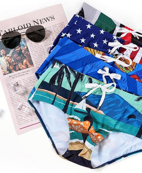 Mens Swim Briefs Swimsuit Beach Print Shorts