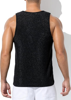 Men's Sequin Tank Top, Gold Glitter Rave Sleeve Shirts, Sparkly Disco Mens Vest