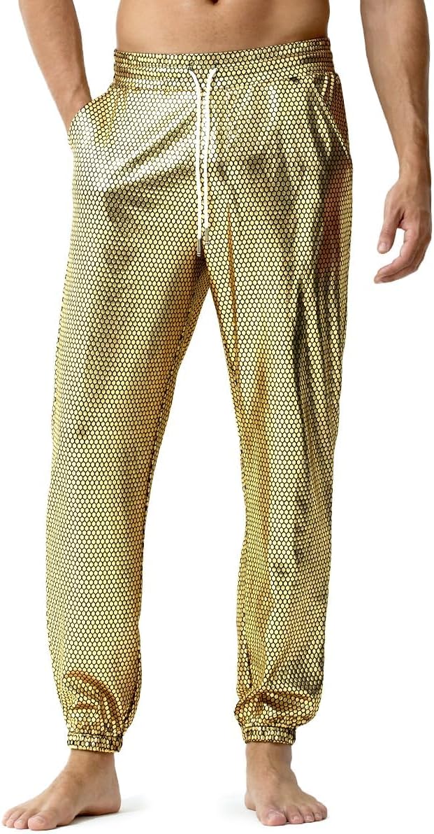 Arjen Kroos - Mens Night Club Disco Pants with Pockets Breathable Sequin Pants 70s/80s Party Shiny Breathable Jogger - Arjen Kroos - Yellow - AK321253S
#color_yellow