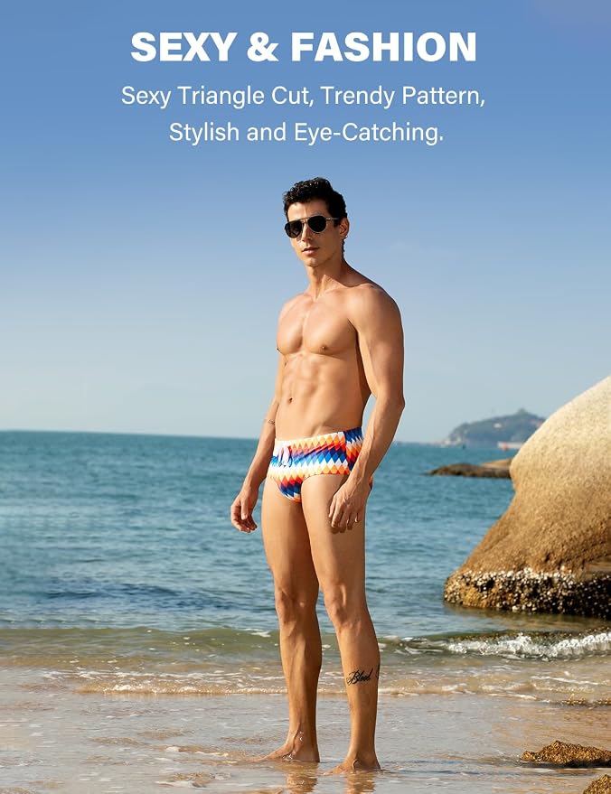 Mens Swim Briefs Bikini Bathing Suit Printed Quick Dry Swimsuit