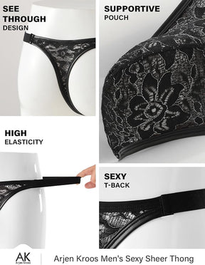Mens Lingerie Thong Underwear Sexy Low Rise Bikini G-String with 3D Pouch Sheer Lace See