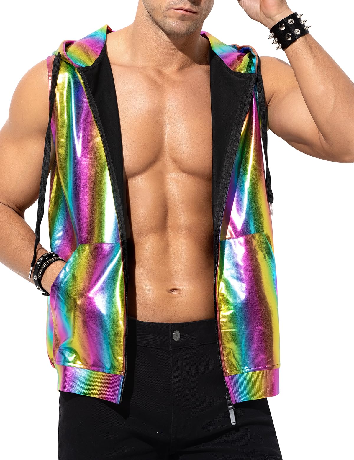 Men's Metallic Hoodie Vest Sequin Zip Up Sleeveless Rave Disco Shiny T-Shirt