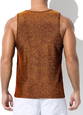 Men's Sequin Tank Top, Gold Glitter Rave Sleeve Shirts, Sparkly Disco Mens Vest