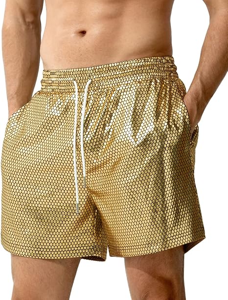 Arjen Kroos - Men's Metallic Shorts Sexy Rave Hot Short with Side Pockets and Drawstrings - Arjen Kroos - Golden - AK311253XS
#color_golden