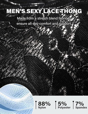 Mens Lingerie Thong Underwear Sexy Low Rise Bikini G-String with 3D Pouch Sheer Lace See