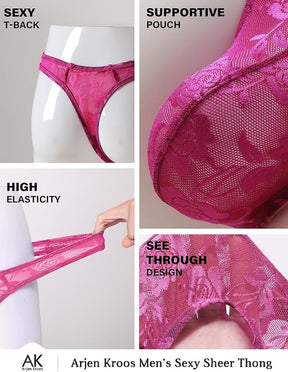 Mens Lingerie Thong Underwear Sexy Low Rise Bikini G-String with 3D Pouch Sheer Lace See