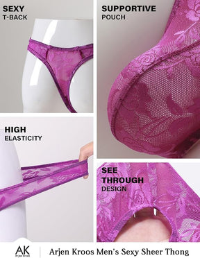 Mens Lingerie Thong Underwear Sexy Low Rise Bikini G-String with 3D Pouch Sheer Lace See