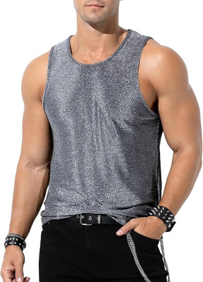 Men's Sequin Tank Top, Gold Glitter Rave Sleeve Shirts, Sparkly Disco Mens Vest