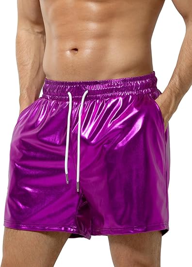 Arjen Kroos - Men's Metallic Shorts Sexy Rave Hot Short with Side Pockets and Drawstrings - Arjen Kroos - Purple - AK311208XS
#color_purple