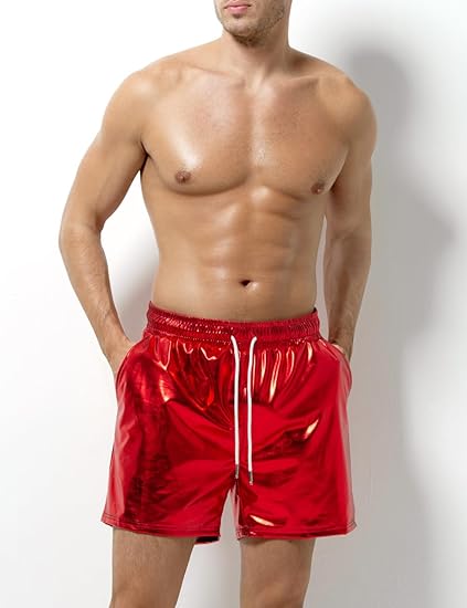 Arjen Kroos - Men's Metallic Shorts Sexy Rave Hot Short with Side Pockets and Drawstrings - Arjen Kroos - Red - AK311214XS
#color_red