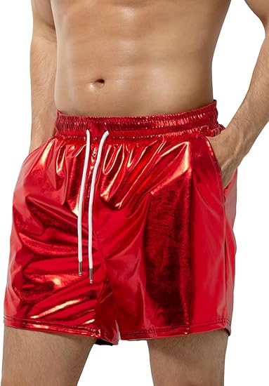 Arjen Kroos - Men's Metallic Shorts Sexy Rave Hot Short with Side Pockets and Drawstrings - Arjen Kroos - Red - AK311214XS
#color_red