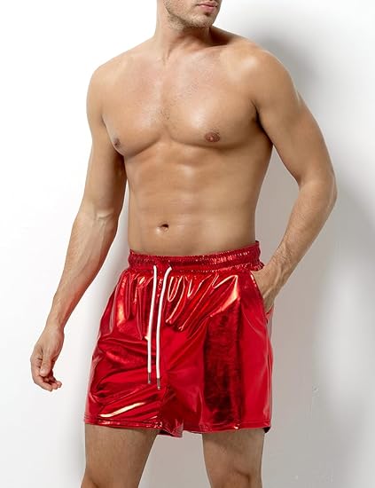 Arjen Kroos - Men's Metallic Shorts Sexy Rave Hot Short with Side Pockets and Drawstrings - Arjen Kroos - Red - AK311214XS
#color_red