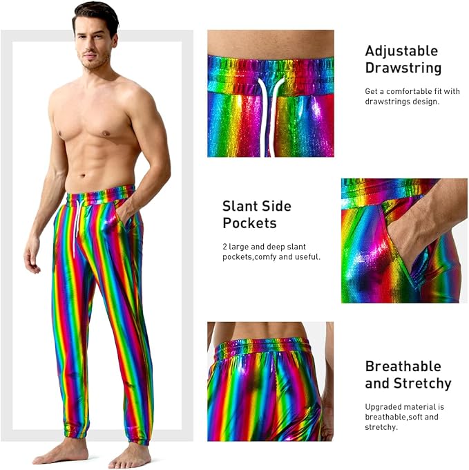 Arjen Kroos - Mens Night Club Disco Pants with Pockets Breathable Sequin Pants 70s/80s Party Shiny Breathable Jogger - Arjen Kroos - Rainbow - AK321234S
#color_rainbow