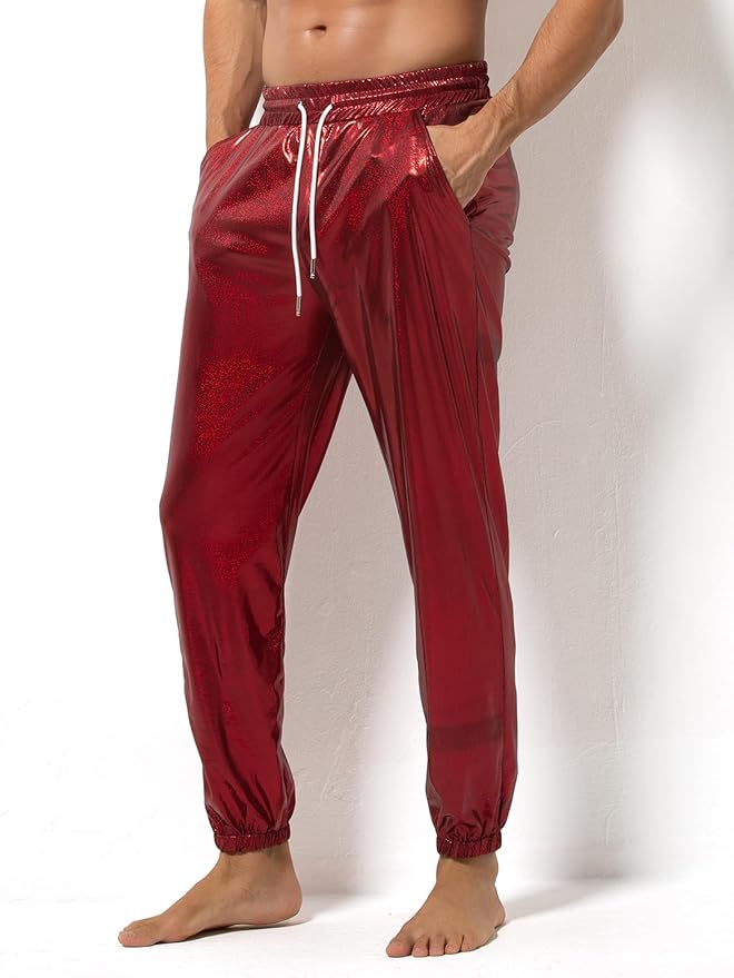 Arjen Kroos - Mens Night Club Disco Pants with Pockets Breathable Sequin Pants 70s/80s Party Shiny Breathable Jogger - Arjen Kroos - Red - AK321205S
#color_red