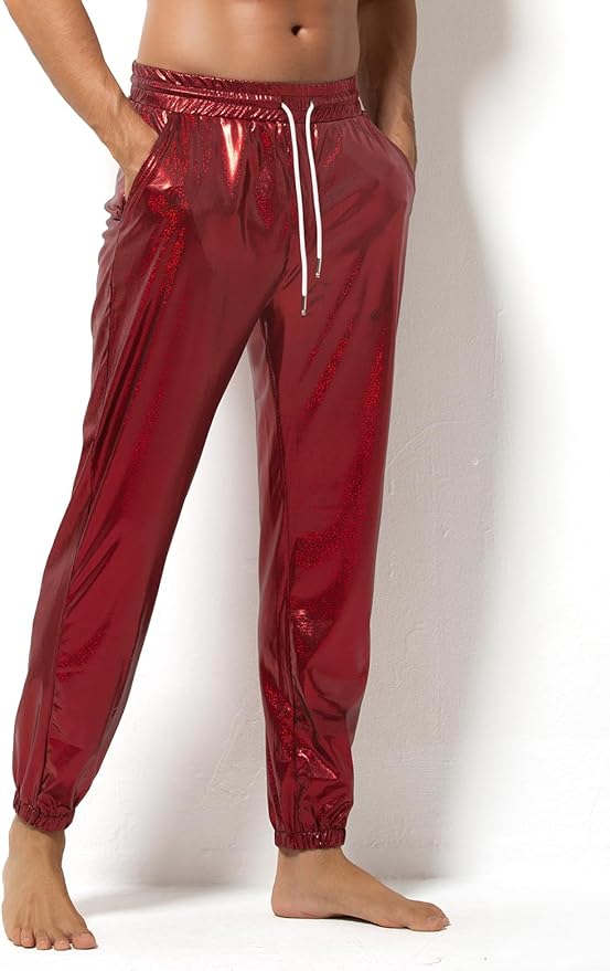 Arjen Kroos - Mens Night Club Disco Pants with Pockets Breathable Sequin Pants 70s/80s Party Shiny Breathable Jogger - Arjen Kroos - Red - AK321205S
#color_red