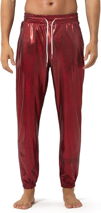 Arjen Kroos - Mens Night Club Disco Pants with Pockets Breathable Sequin Pants 70s/80s Party Shiny Breathable Jogger - Arjen Kroos - Red - AK321205S
#color_red