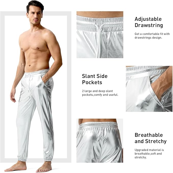 Arjen Kroos - Mens Night Club Disco Pants with Pockets Breathable Sequin Pants 70s/80s Party Shiny Breathable Jogger - Arjen Kroos - Silver - AK321232S
#color_silver