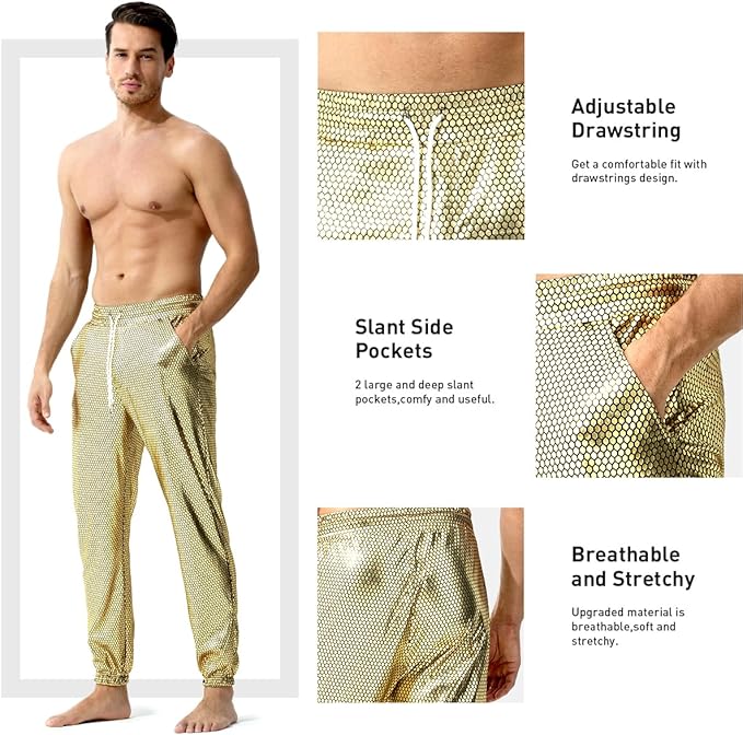 Arjen Kroos - Mens Night Club Disco Pants with Pockets Breathable Sequin Pants 70s/80s Party Shiny Breathable Jogger - Arjen Kroos - Yellow - AK321253S
#color_yellow