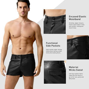 Men's PU Leather Shorts Male Sexy Rave Hot Short Pants with Pockets