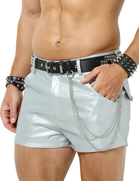 Men's PU Leather Shorts Male Sexy Rave Hot Short Pants with Pockets