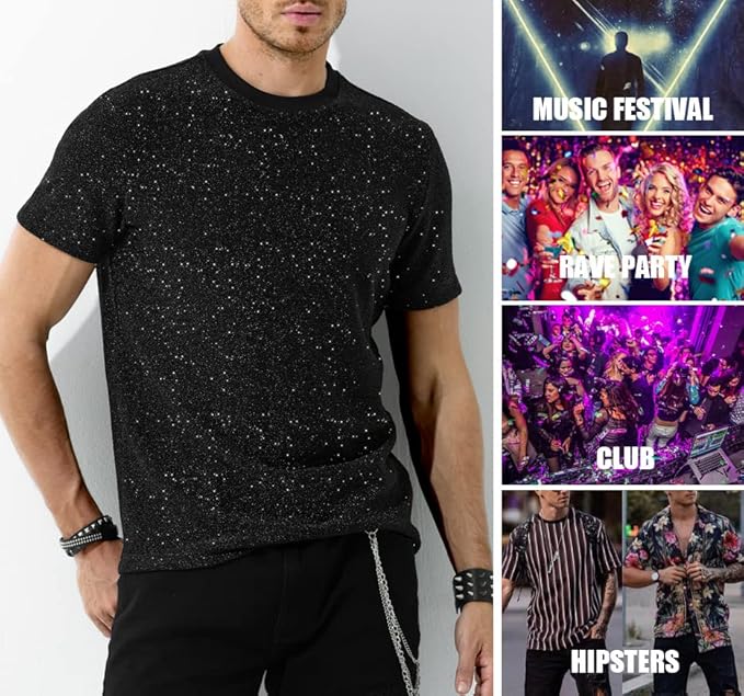 Chemises disco à paillettes pour hommes, manches courtes, hauts scintillants et tendance