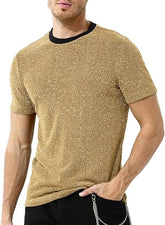 Arjen Kroos - Men's Sequin Disco Shirts Short Sleeve Sparkly Rave Hot Tops - Arjen Kroos - Gold - AK331231S
#color_gold