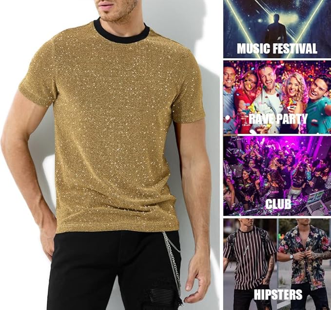 Arjen Kroos - Men's Sequin Disco Shirts Short Sleeve Sparkly Rave Hot Tops - Arjen Kroos - Gold - AK331231S
#color_gold
