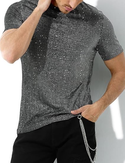 Chemises disco à paillettes pour hommes, manches courtes, hauts scintillants et tendance