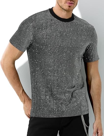 Chemises disco à paillettes pour hommes, manches courtes, hauts scintillants et tendance