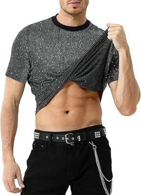 Chemises disco à paillettes pour hommes, manches courtes, hauts scintillants et tendance