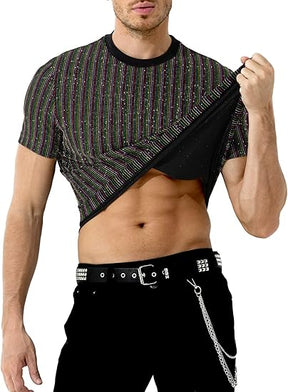 Chemises disco à paillettes pour hommes, manches courtes, hauts scintillants et tendance