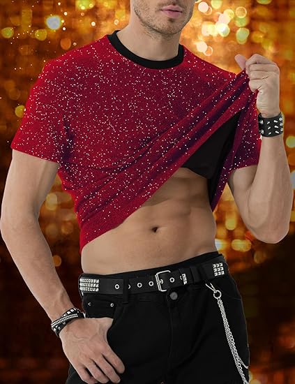 Chemises disco à paillettes pour hommes, manches courtes, hauts scintillants et tendance