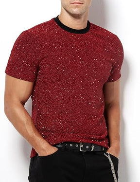 Chemises disco à paillettes pour hommes, manches courtes, hauts scintillants et tendance