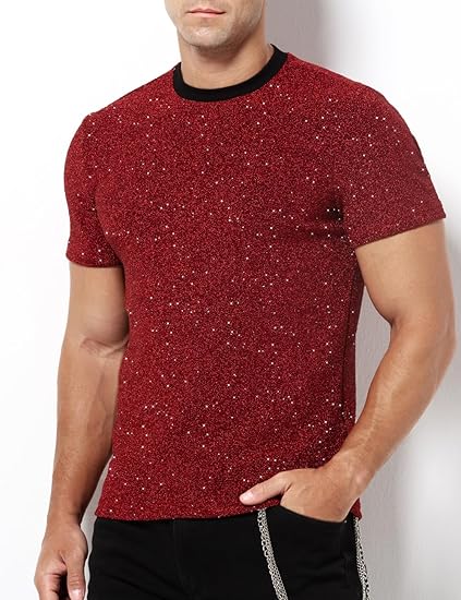 Arjen Kroos - Men's Sequin Disco Shirts Short Sleeve Sparkly Rave Hot Tops - Arjen Kroos - Red - AK331205S
#color_red