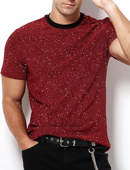 Arjen Kroos - Men's Sequin Disco Shirts Short Sleeve Sparkly Rave Hot Tops - Arjen Kroos - Red - AK331205S
#color_red