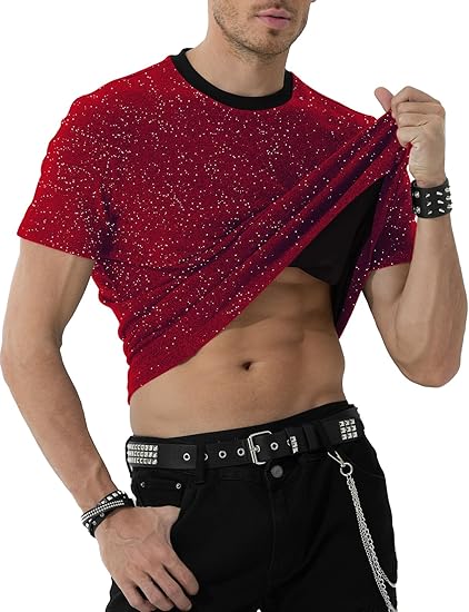 Arjen Kroos - Men's Sequin Disco Shirts Short Sleeve Sparkly Rave Hot Tops - Arjen Kroos - Red - AK331205S
#color_red