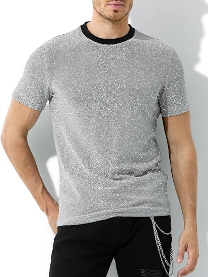 Arjen Kroos - Men's Sequin Disco Shirts Short Sleeve Sparkly Rave Hot Tops - Arjen Kroos - Silver - AK331232S
#color_silver