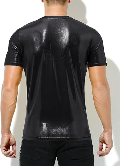 Hombres Sexy Brillante Metálico Camisetas Manga Corta Sparkly Camisas Disco Holográfico Tops