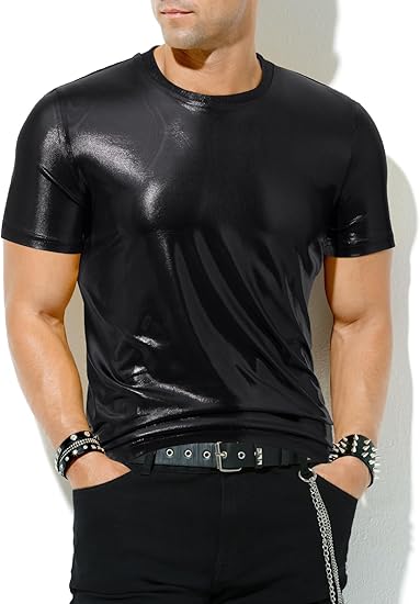 Hombres Sexy Brillante Metálico Camisetas Manga Corta Sparkly Camisas Disco Holográfico Tops