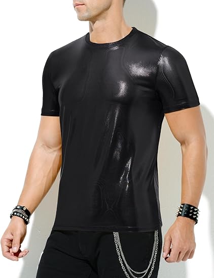 Hombres Sexy Brillante Metálico Camisetas Manga Corta Sparkly Camisas Disco Holográfico Tops