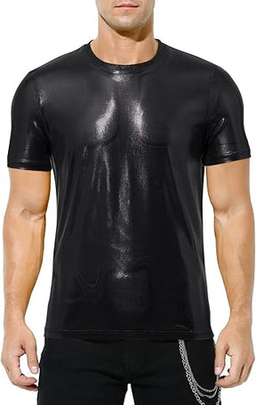 Hombres Sexy Brillante Metálico Camisetas Manga Corta Sparkly Camisas Disco Holográfico Tops