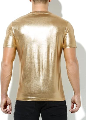 Hombres Sexy Brillante Metálico Camisetas Manga Corta Sparkly Camisas Disco Holográfico Tops