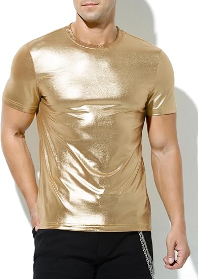 Hombres Sexy Brillante Metálico Camisetas Manga Corta Sparkly Camisas Disco Holográfico Tops