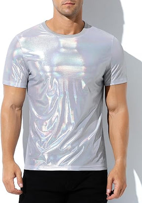 Hombres Sexy Brillante Metálico Camisetas Manga Corta Sparkly Camisas Disco Holográfico Tops