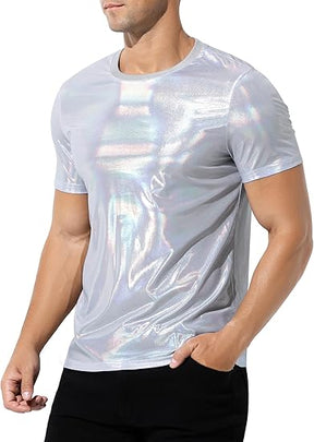 Hombres Sexy Brillante Metálico Camisetas Manga Corta Sparkly Camisas Disco Holográfico Tops