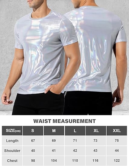 Hombres Sexy Brillante Metálico Camisetas Manga Corta Sparkly Camisas Disco Holográfico Tops