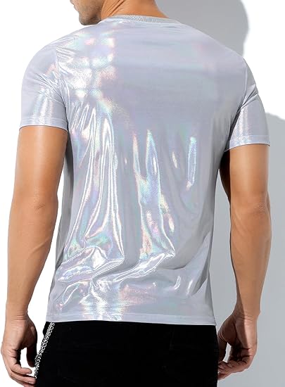 Arjen Kroos - Men's Sexy Shiny Metallic T-Shirts Short Sleeve Sparkly Shirts Disco Holographic Tops - Arjen Kroos - Grey - CK335403S
#color_grey